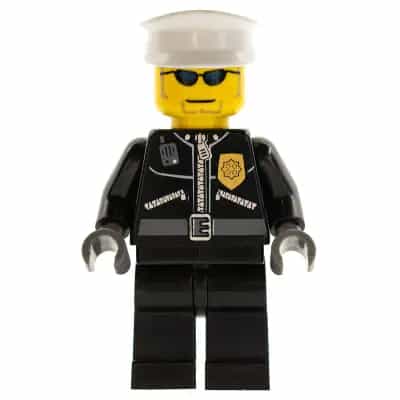 Police - City Leather Jacket with Gold Badge, White Hat, Dark Blue Sunglasses