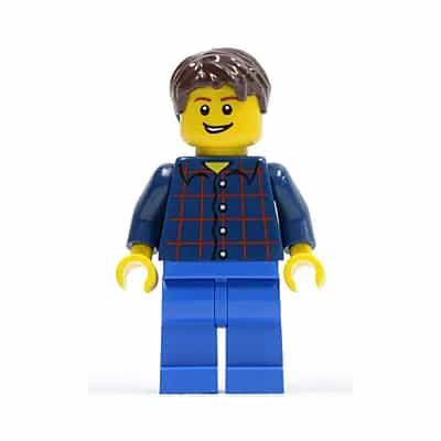 Plaid Button Shirt, Blue Legs, Dark Brown Short Tousled Hair, Lopsided Grin with Teeth