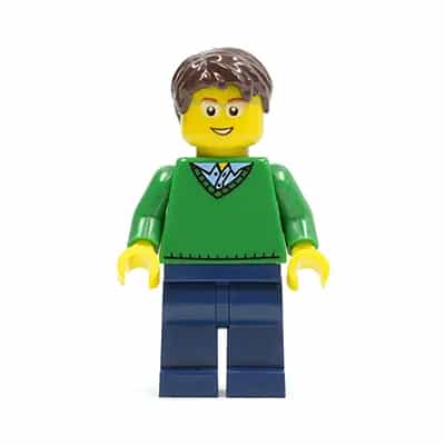 Green V-Neck Sweater, Dark Blue Legs, Dark Brown Short Tousled Hair, Glasses