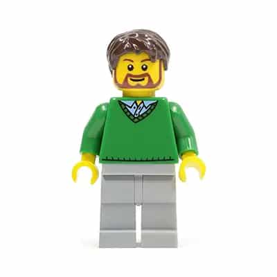 Green V-Neck Sweater, Light Bluish Gray Legs, Dark Brown Tousled Hair