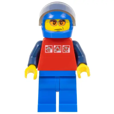 Red Shirt with 3 Silver Logos, Dark Blue Arms, Blue Legs, Blue Helmet, Orange Sunglasses