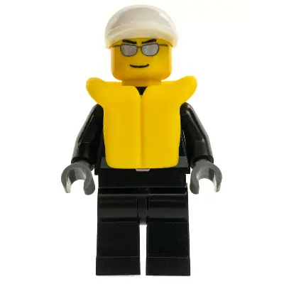 Police - City Leather Jacket with Gold Badge, White Short Bill Cap, Silver Sunglasses, Life Jacket