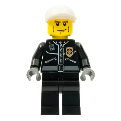 Police - City Leather Jacket with Gold Badge, White Short Bill Cap, Vertical Cheek Lines