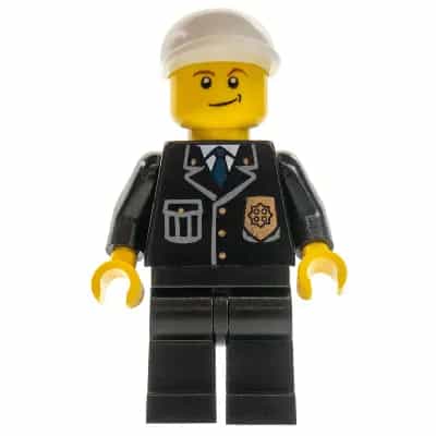Police - City Suit with Blue Tie and Badge, Black Legs, White Short Bill Cap, Crooked Smile