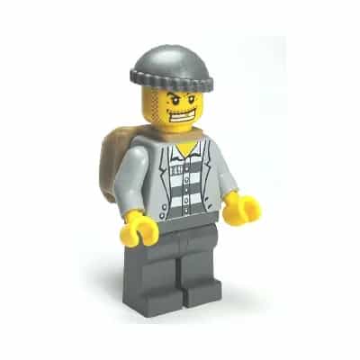 Police - Jail Prisoner Jacket over Prison Stripes, Dark Bluish Gray Legs, Dark Bluish Gray Knit Cap, Gold Tooth, Backpack