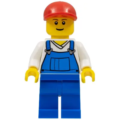 Overalls Blue over V-Neck Shirt, Blue Legs, Red Short Bill Cap