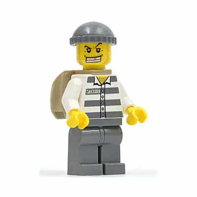 Police - Jail Prisoner 50380 Prison Stripes, Dark Bluish Gray Legs, Dark Bluish Gray Knit Cap, Gold Tooth, Backpack
