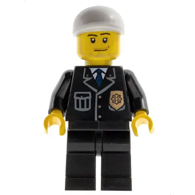 Police - City Suit with Blue Tie and Badge, Black Legs, White Short Bill Cap, Smirk and Stubble Beard
