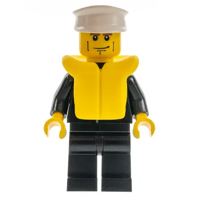 Police - City Suit with Blue Tie and Badge, Black Legs, Vertical Cheek Lines, White Hat, Life Jacket