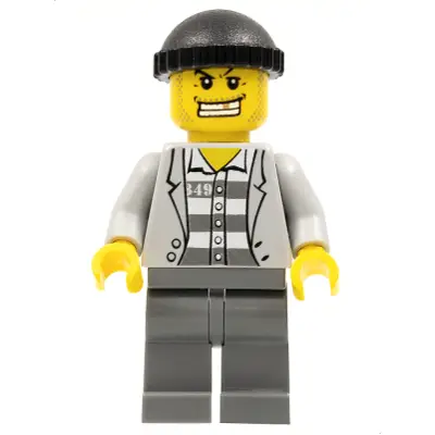 Police - Jail Prisoner Jacket over Prison Stripes, Dark Bluish Gray Legs, Black Knit Cap, Gold Tooth