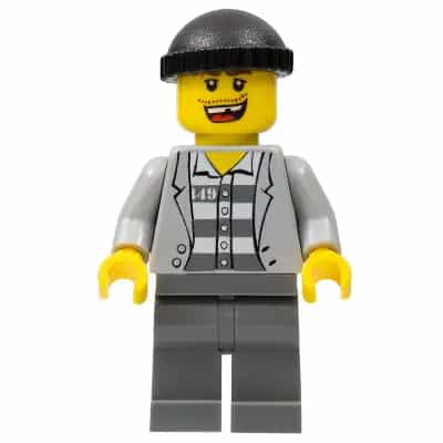 Police - Jail Prisoner Jacket over Prison Stripes, Dark Bluish Gray Legs, Black Knit Cap, Missing Tooth