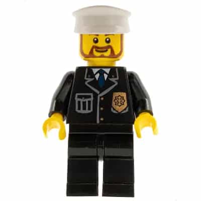 Police - City Suit with Blue Tie and Badge, Black Legs, White Hat, Brown Beard Rounded