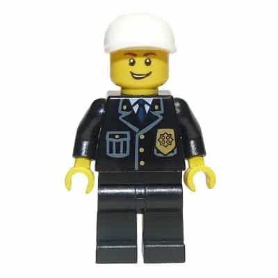 Police - City Suit with Blue Tie and Badge, Black Legs, White Short Bill Cap, Open Grin