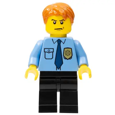 Police - City Shirt with Dark Blue Tie and Gold Badge, Black Legs, Dark Orange Short Tousled Hair