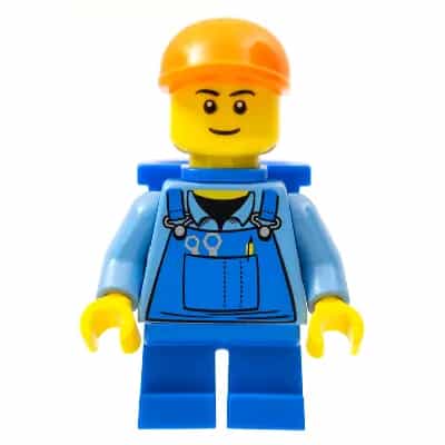 Overalls with Tools in Pocket Blue, Orange Short Bill Cap, Blue Short Legs, D-Basket, Black Eyebrows