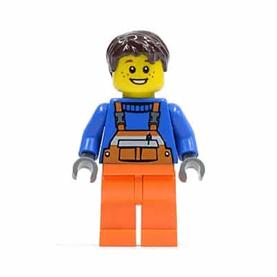 Overalls with Safety Stripe Orange, Orange Legs, Dark Brown Tousled Hair, Open Grin and Freckles