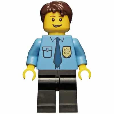 Police - City Shirt with Dark Blue Tie and Gold Badge, Black Legs, Dark Brown Short Tousled Hair