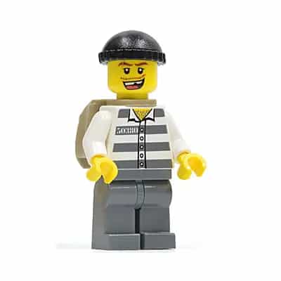 Police - Jail Prisoner 50380 Prison Stripes, Dark Bluish Gray Legs, Black Knit Cap, Missing Tooth, Backpack