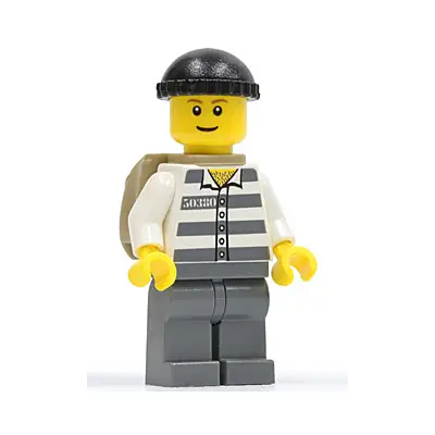 Police - Jail Prisoner 50380 Prison Stripes, Dark Bluish Gray Legs, Black Knit Cap, Thin Grin, Backpack (Undetermined Eyebrows)