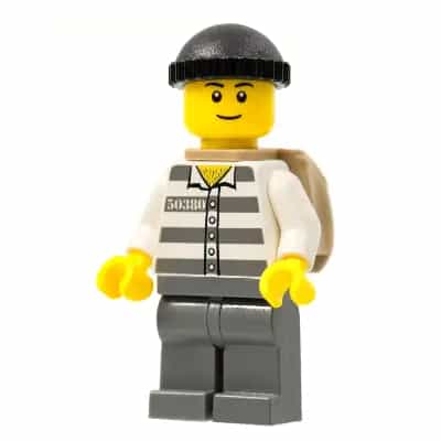 Police - Jail Prisoner 50380 Prison Stripes, Dark Bluish Gray Legs, Black Knit Cap, Black Eyebrows, Thin Grin, Backpack