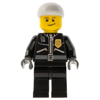 Police - City Leather Jacket with Gold Badge and 'POLICE' on Back, White Short Bill Cap, Lopsided Smile