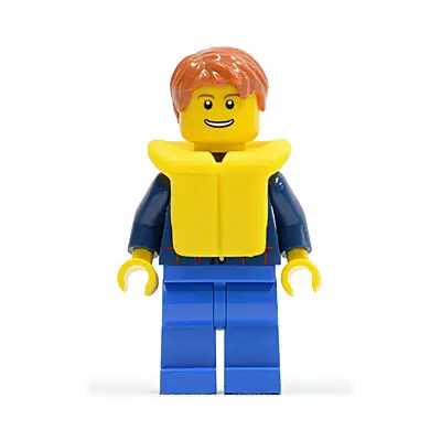 Plaid Button Shirt, Blue Legs, Dark Orange Short Tousled Hair, Yellow Life Jacket, Thin Grin with Teeth