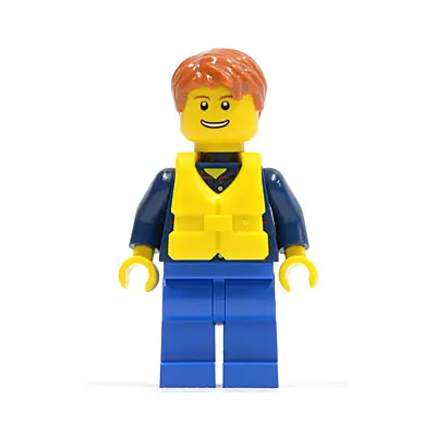 Plaid Button Shirt, Blue Legs, Dark Orange Short Tousled Hair, Yellow Life Jacket Center Buckle, Thin Grin with Teeth