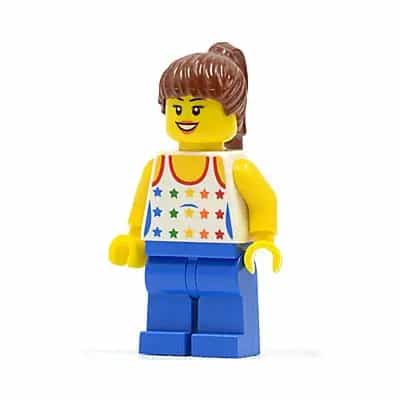 Shirt with Female Rainbow Stars Pattern, Blue Legs, Reddish Brown Ponytail Hair, Black Eyebrows