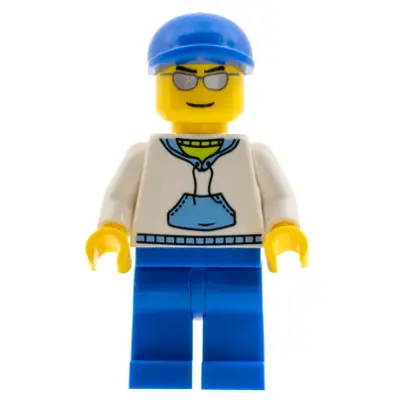 White Hoodie with Medium Blue Pocket, Blue Legs, Blue Short Bill Cap