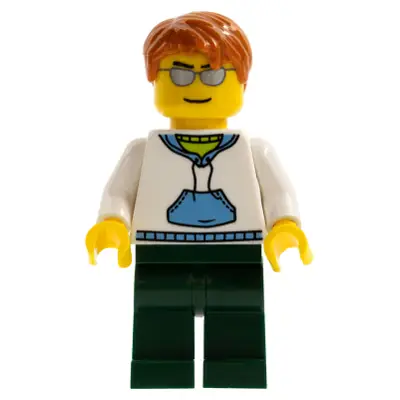 White Hoodie with Medium Blue Pocket, Dark Green Legs, Dark Orange Short Tousled Hair