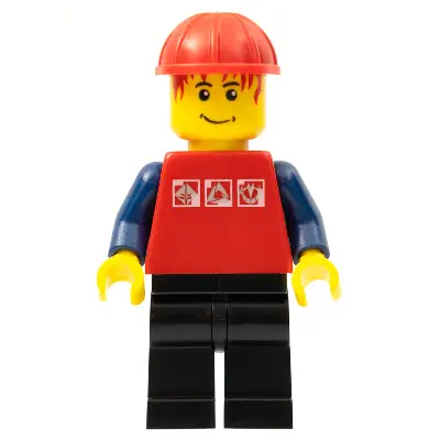 Red Shirt with 3 Silver Logos, Dark Blue Arms, Black Legs, Messy Red Hair, Red Construction Helmet