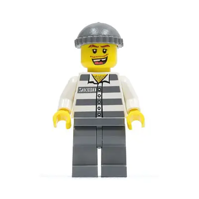 Police - Jail Prisoner 50380 Prison Stripes, Dark Bluish Gray Legs, Dark Bluish Gray Knit Cap, Missing Tooth