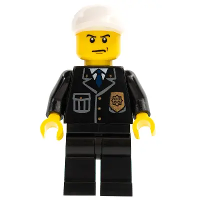 Police - City Suit with Blue Tie and Badge, Black Legs, White Short Bill Cap, Scowl