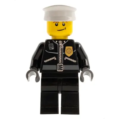 Police - City Leather Jacket with Gold Badge and 'POLICE' on Back, White Hat, Lopsided Smile