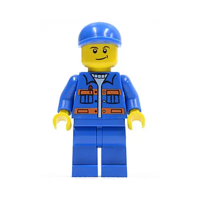 Blue Jacket with Pockets and Orange Stripes, Blue Legs, Blue Short Bill Cap, Crooked Smile