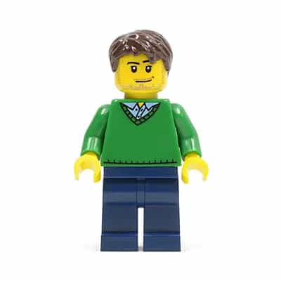 Green V-Neck Sweater, Dark Blue Legs, Dark Brown Short Tousled Hair, Smirk and Stubble Beard