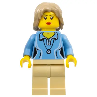 Medium Blue Female Shirt with Two Buttons and Shell Pendant, Tan Legs, Dark Tan Mid-Length Tousled Hair