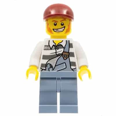 Police - Jail Prisoner Torn Overalls over Prison Stripes, Sand Blue Legs, Dark Red Short Bill Cap