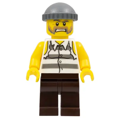 Police - Jail Prisoner Shirt with Prison Stripes and Torn out Sleeves, Dark Brown Legs, Dark Bluish Gray Knit Cap