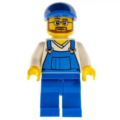 Overalls Blue over V-Neck Shirt, Blue Legs, Blue Short Bill Cap, Beard and Glasses