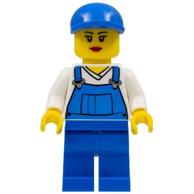 Overalls Blue over V-Neck Shirt, Blue Legs, Blue Short Bill Cap, Eyelashes and Smile