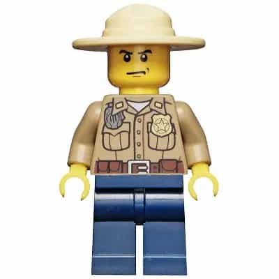 Forest Police - Dark Tan Shirt with Pockets, Radio and Gold Badge, Dark Blue Legs, Campaign Hat, Angry Eyebrows and Scowl, White Pupils