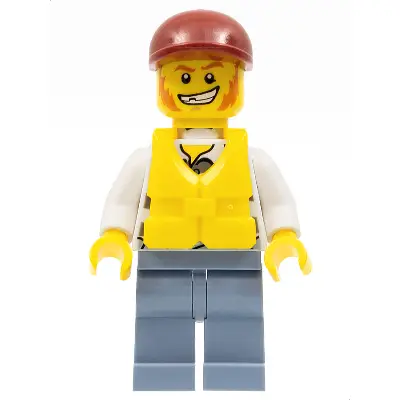 Police - Jail Prisoner Torn Overalls over Prison Stripes, Sand Blue Legs, Dark Red Short Bill Cap, Life Jacket Center Buckle