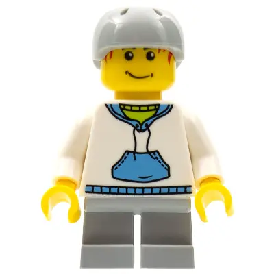 Child - Boy, White Hoodie with Medium Blue Pocket, Light Bluish Gray Short Legs, Light Bluish Gray Sports Helmet