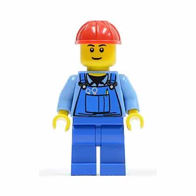 Overalls with Tools in Pocket Blue, Red Construction Helmet, Black Eyebrows, Thin Grin