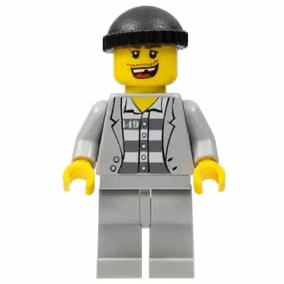 Police - Jail Prisoner Jacket over Prison Stripes, Light Bluish Gray Legs, Black Knit Cap, Missing Tooth