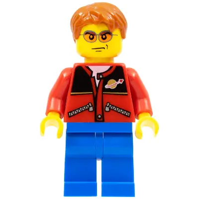 Red Jacket with Zipper Pockets and Classic Space Logo, Blue Legs, Dark Orange Short Tousled Hair, Orange Sunglasses