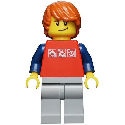 Red Shirt with 3 Silver Logos, Dark Blue Arms, Light Bluish-Gray Legs, Dark Orange Hair