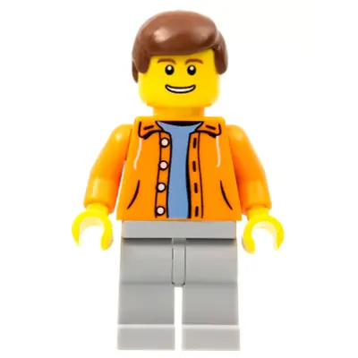 Orange Jacket with Hood over Light Blue Sweater, Light Bluish Gray Legs, Reddish Brown Male Hair