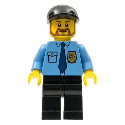 Police - City Shirt with Dark Blue Tie and Gold Badge, Black Legs, Black Short Bill Cap, Brown Beard Rounded
